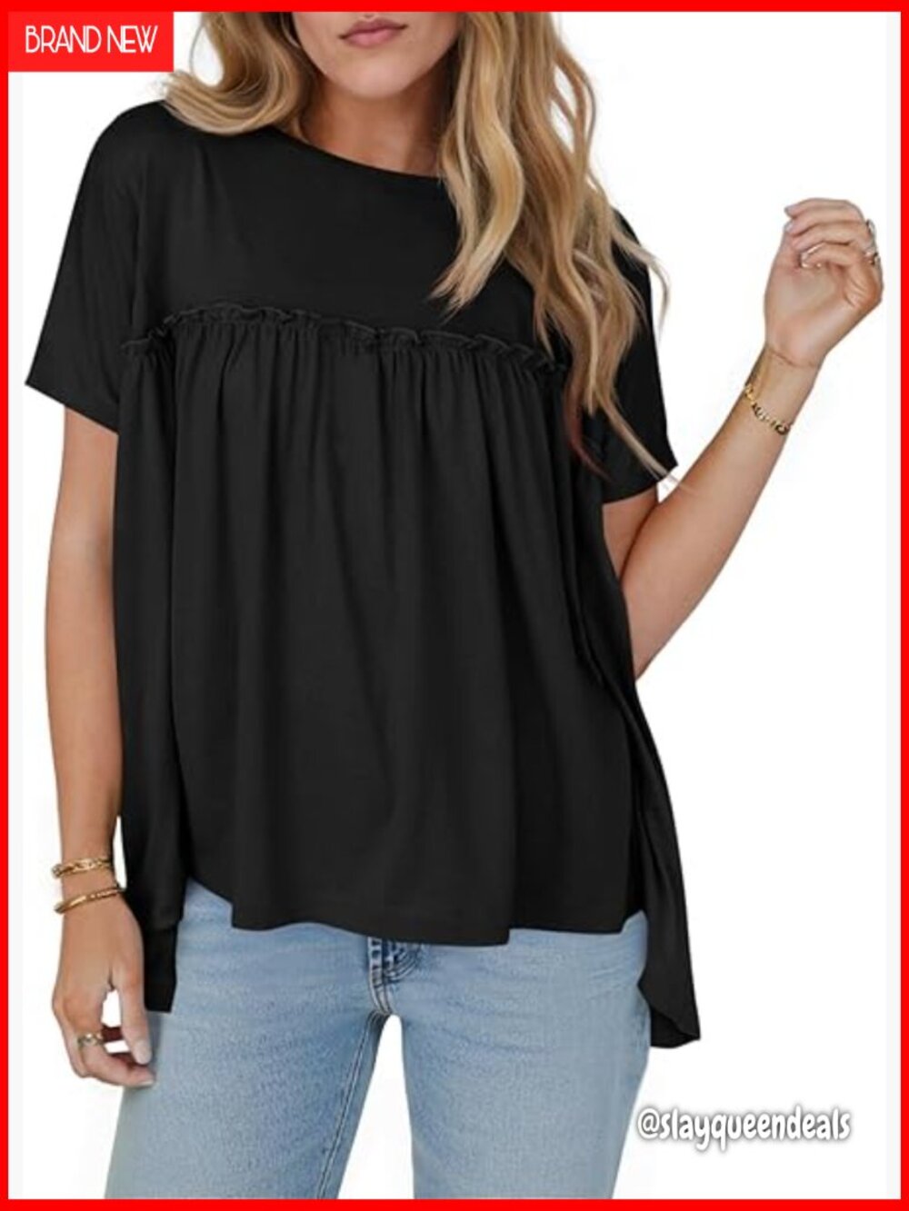 Women's Babydoll Tops Pleated Short Sleeve Crew Neck Peplum Blouse Casual Loose